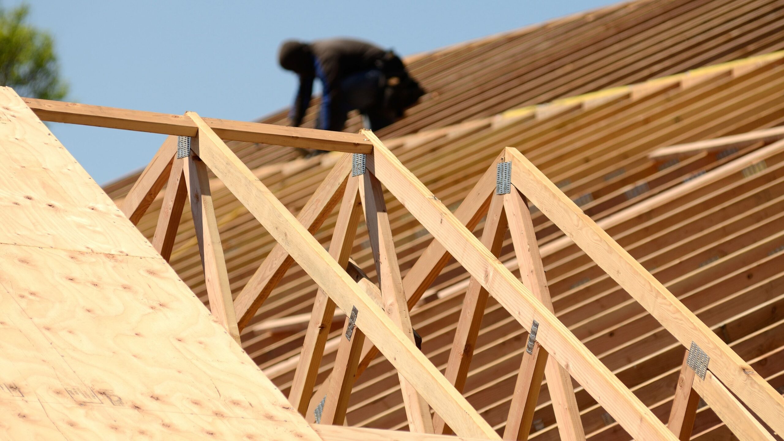 Roof trusses being installed